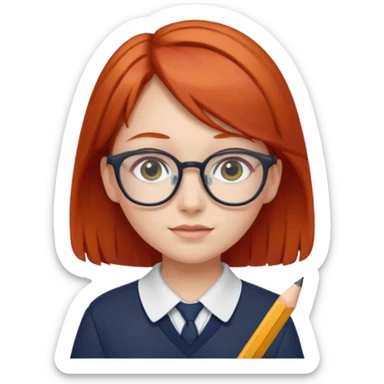 red hair girl kid with glasses → holding a pencil with school uniform sticker