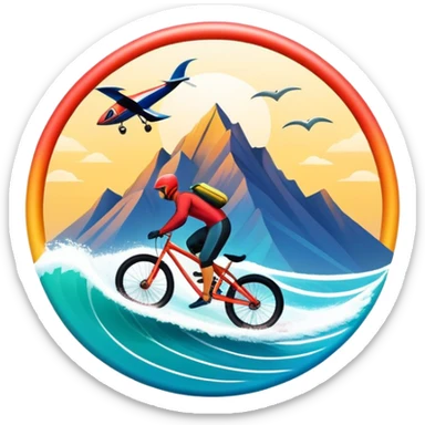 A bold, dynamic emblem combining elements of extreme sports like a mountain, a bike, surfing, ocean and a parachute, all within a circular or shield-like shape. The design conveys speed, adventure, with sharp lines and vibrant colors representing the thrill and intensity of extreme sports. sticker