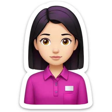 girl wearing a magenta shirt with white name tag with black hair  sticker