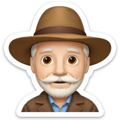 old man light skin, white hair, and a matching white mustache and beard, wearing a wide-brimmed brown hat and has large brown eyes with a cheerful expression sticker