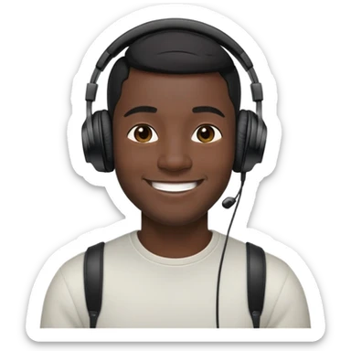 người đàn ông 30 tuổi, da đen, tóc ngắn màu đen, mặt cười to vui vẻ, đeo tai nghe màu đen sticker