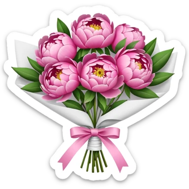 Bouquet of pink flower peony wrapped in white paper sticker
