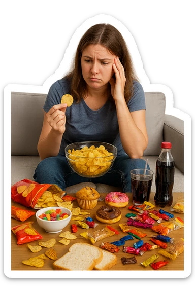 Donna tra i 25 e i 35 anni seduta sul divano o a un tavolo disordinato, circondata da cibi sparsi e poco sani: patatine, dolci, pane bianco, snack confezionati, bibite.  sticker