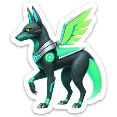 Black and green cyberpunk intricate neon glowing grey white futuristic cyborg-Anubis-Hermanubis-Zeraora-Zoroark-Umbreon-fusion (full body) sticker
