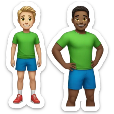 two boys are smiling. One boy with a ball, wearing a green t-shirt and blue shorts, the other wearing a red t-shirt and black shorts. sticker