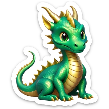 Cinematic Cute Dragon Portrait Emoji, Head tilted playfully and inquisitively, featuring a sleek, serpentine form adorned with iridescent scales that shift between emerald and gold, a delicate set of subtle horns, and round, sparkling eyes full of curious magic; rendered with realistic detail and warm natural light, high shine, affectionate and enchanting, styled with a touch of whimsical fantasy, soft glowing outline, capturing the essence of a mischievous yet lovable dragon that seems poised to slither playfully into your arms! sticker