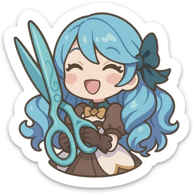 Gwen from League of Legends, chibi style, happy emote, oversized scissors, blue hair, cute doll-like expression sticker