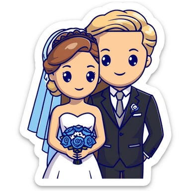 portrait of a bride with light brown hair and grey-blue eyes, and a groom with blonde hair, blue eyes, wearing a brown suit sticker
