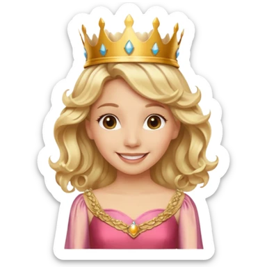 Cheerful blonde latin princess with wavy hair and light gold dress, wearing crown sticker