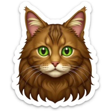 je veux un emoji chat main coon marron foncé  à poil long avec les yeux vert jaunes, en entier assis stp  sticker