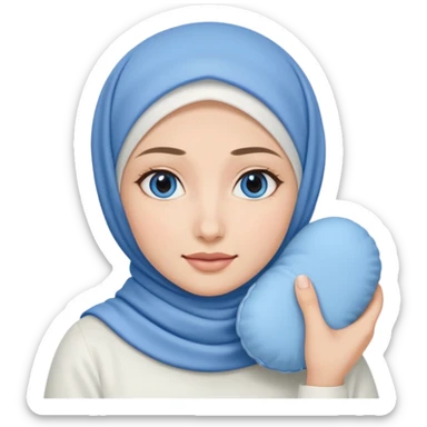 white pretty woman with white hijab holding a blue cushion foundation emoji sticker