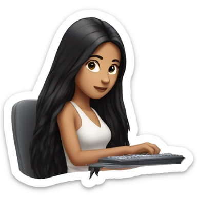 beautiful girl with long black hair, typing on computer  sticker