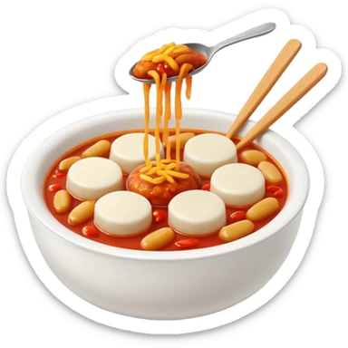 glossy Apple-style emoji of Korean tteokbokki, bowl, soft shadows, white background sticker