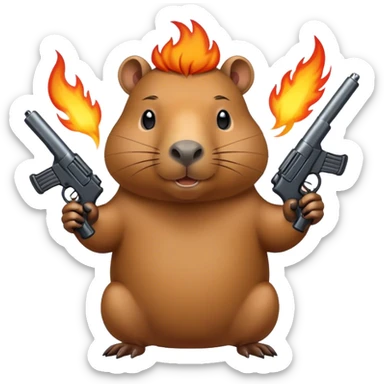 capybara with fire guns in hands sticker