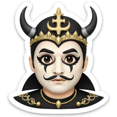 Papa Satanico emoji in apple style, white face paint, black eye makeup, ornate mitre, gothic vibe sticker