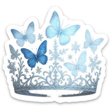butterfly crown in icy silver with blue and white butterflies, snowflake details, and a frosty glow sticker