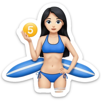 Spanish woman with long black hair, in a blue fitness bikini, with a number 5 circle button p sticker
