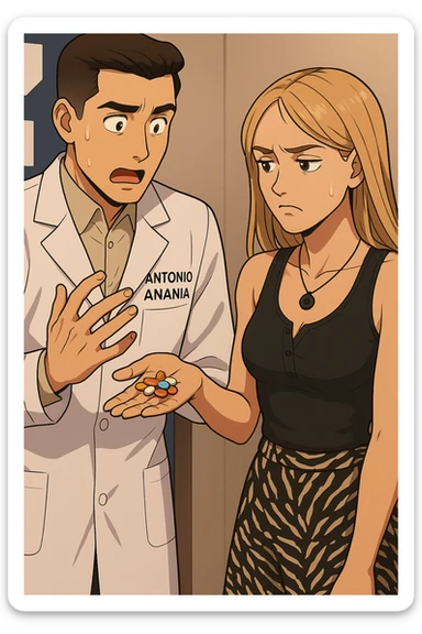 fai un webtoon/manga a colori con questo kinesiologo in camice bianco (fagli la scritta "ANTONIO ANANIA" SUL CAMICE) CHE PARLA CON QUESTA RAGAZZA. LA RAGAZZA HA UN PUGNO DI INTEGRATORI IN MANO (TANTE PILLOLE DIVERSE) E LE GUARDA DUBBIOSA. IL KINESIOLOGO CON IL CAMICE BIANCO LE DOMANDA UNA COSA SCIOCCATO. NON FARE I FUMETTI, FAI SOLO LORO COME SE DIALOGASSERO sticker