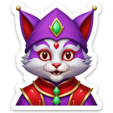 crazy colorful cute little cat jolly joker from poker, medieval, vintage, court jester, mac os icon, purple and red color, silver inserts, half body sticker