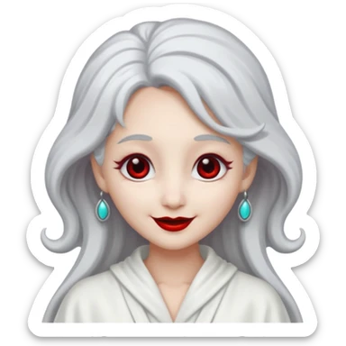 vull un perosnatge estil bimoji que sigui com una nimfa bella i fantasmal amb túniques blanques. Té la pell literalments blanca com el guix, cabell platejat, un nas llarg, ulls negres grans i llavis carmesí. que estigui somrient sticker