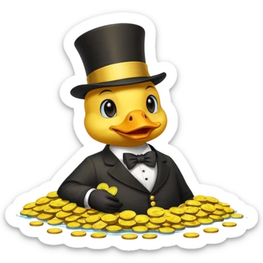 Duck character in top hat swimming in pile of gold coins and money bags sticker