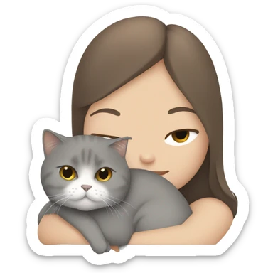 fat British shorthair grey cat hugging long brown hair white woman sticker