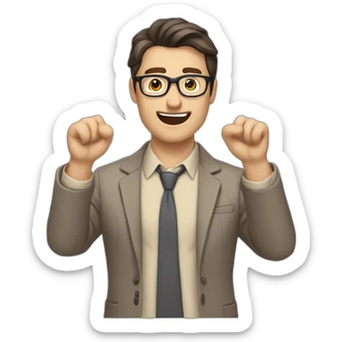 To belt Actively gesturing with hands Okay Pale skinned fit man with dark brown hair in gray jacket, beige office shirt, brown tie, brown pants and vintage glasses. sticker