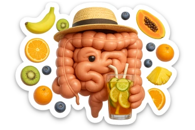EMOJI STILE IPHONE DI INTESTINO UMANO REALISTICO CON CAPPELLO DI PAGLIA DA SPIAGGIA CHE BEVE UN Tè FREDDO IN BICCHIERE DI VETRO CON DENTRO  fette di cetriolo, limone, lime, DIETRO L'INTESTINO FLUTTUANO PEZZETTI DI Kiwi
Banana acerba
Arance e mandarini
Mirtilli
Ananas
Papaya
IPERREALISTICO 4K sticker