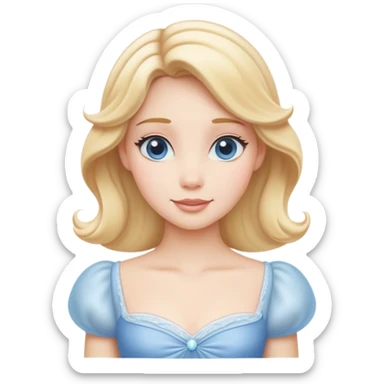 Cinematic Serene Cinderella Portrait Emoji, rendered in a realistic, vector-style with minimal shading. Depict a gentle Cinderella (chest and above) with porcelain skin, smooth blonde hair falling in soft waves, and calm, inviting eyes. Dressed in her modest daytime dress, she exudes quiet grace and pure enchantment, highlighted by a soft glowing outline. sticker