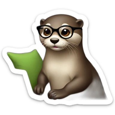 female otter with glasses use a macbook while seated against a pillow sticker