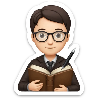writer holding big pen and book, wearing glasses , zoom out sticker