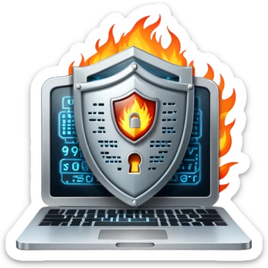 An icon featuring a digital shield with a lock, binary code, and a glowing firewall grid, symbolizing cybersecurity. The design includes a laptop, warning icons, and secure network nodes, representing protection against cyber threats. Transparent background highlights digital safety and defense. sticker