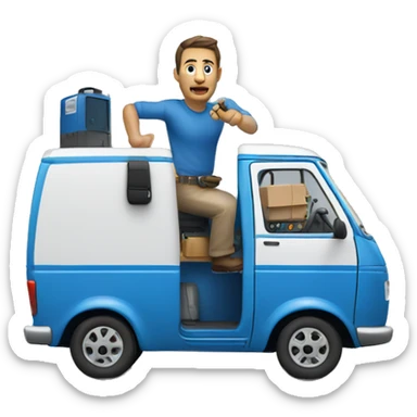 Italian man driving a blue van with a generator attached at the back sticker