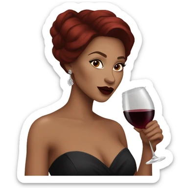 Dark red haired beautiful women with dark red lips and brown eyes drinking wine in a black gown sticker
