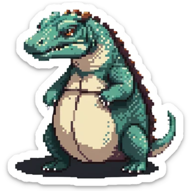 A pixelated fat komodo dragon with a big round belly, mid-hiccup with its body slightly jumping sticker