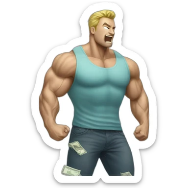 Muscle man raining tons of dollar bills  sticker
