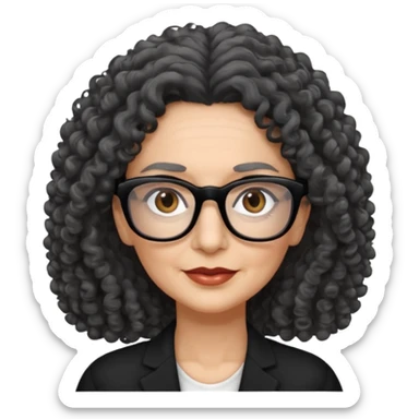 femme 60 ans cheveux gris foncé très bouclé longs et yeux marrons foncé,  lunettes rectangle noir sticker