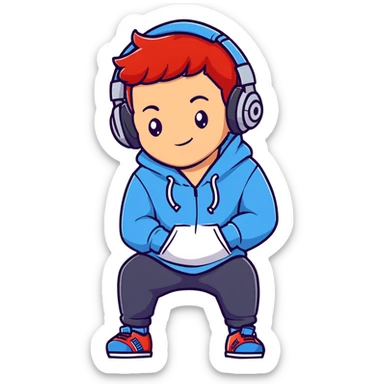 young red-haired boy wearing headphones and a hoodie with 'woojuo' printed on the chest, confident expression, simple and bright style, suitable for emoji or avatar sticker