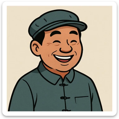 Chinese man with a cap, cartoon style, smiling, minimal background sticker