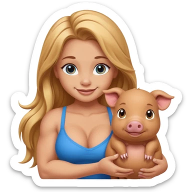 muscled sexy girl, big butt, holding cute brown minipig, long golden hair, blue eyes sticker