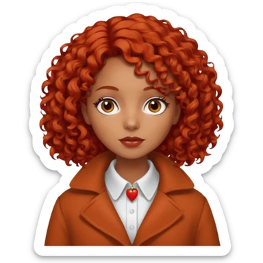 
Dark tanned girl with medium-length, curly, tomato-red hair, dark eyes, wearing a coat with a white collar. sticker