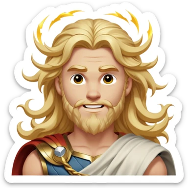 Cinematic Realistic Thor Portrait, head tilted dramatically with an exaggeratedly amused expression, featuring lively, twinkling eyes and a subtle, roguish grin. His fair, radiant skin and long, wavy golden hair, rendered with classical precision, complement his draped white toga adorned with delicate golden details and mythic lightning hints, all brought to life with dynamic lighting that captures both his divine power and playful, approachable charm. sticker