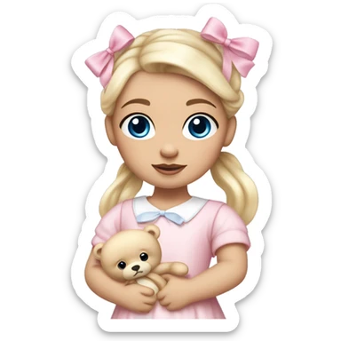 Little  babygirl with White skin, blue eyes. Light blonde hair in two ponytails, with light pink bows.  She is wearing a light pink and White dress, holding a teddybear with a pink bow. sticker