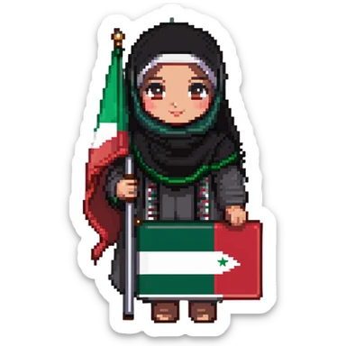 a hijab-wearing girl wearing the Palestinian keffiyeh and holding the Oman flag, pixel art style sticker
