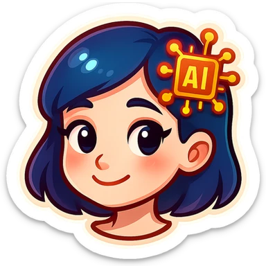 cute girl in Telegram sticker style, very pale skin, neat facial features, large expressive eyes, soft smile, small artificial intelligence icon like chip, brain pictogram or neural network in hair, white background, head only without neck sticker