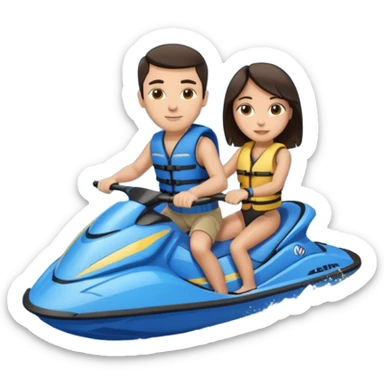Light tan male dark hair & light tan female dark hair on a blue jet ski no sunglasses sticker