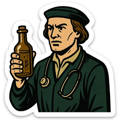the full body of A male doctor from tudor england with his herbal medicine bottle sticker