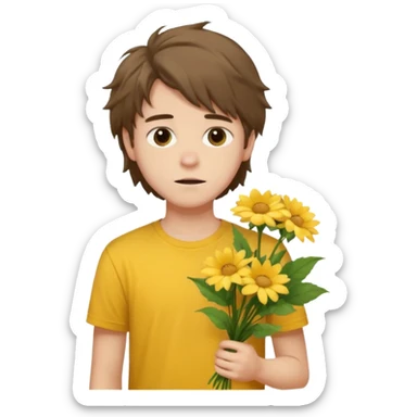 generate an ios genmoji of a 20 year old fair boy with brown long and messy hair with faint upper lip hair - visible (brown). should look like he cant grow a mustache., carrying a flower bouquet, wearing a yellow tshirt, looking shy sticker