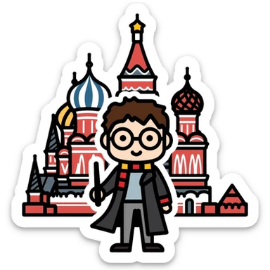 Harry Potter with glasses, lightning scar, and wand standing in front of St. Basil's Cathedral in Russia sticker