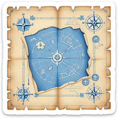 blue blueprint plan with white treasure map symbols and a path sticker